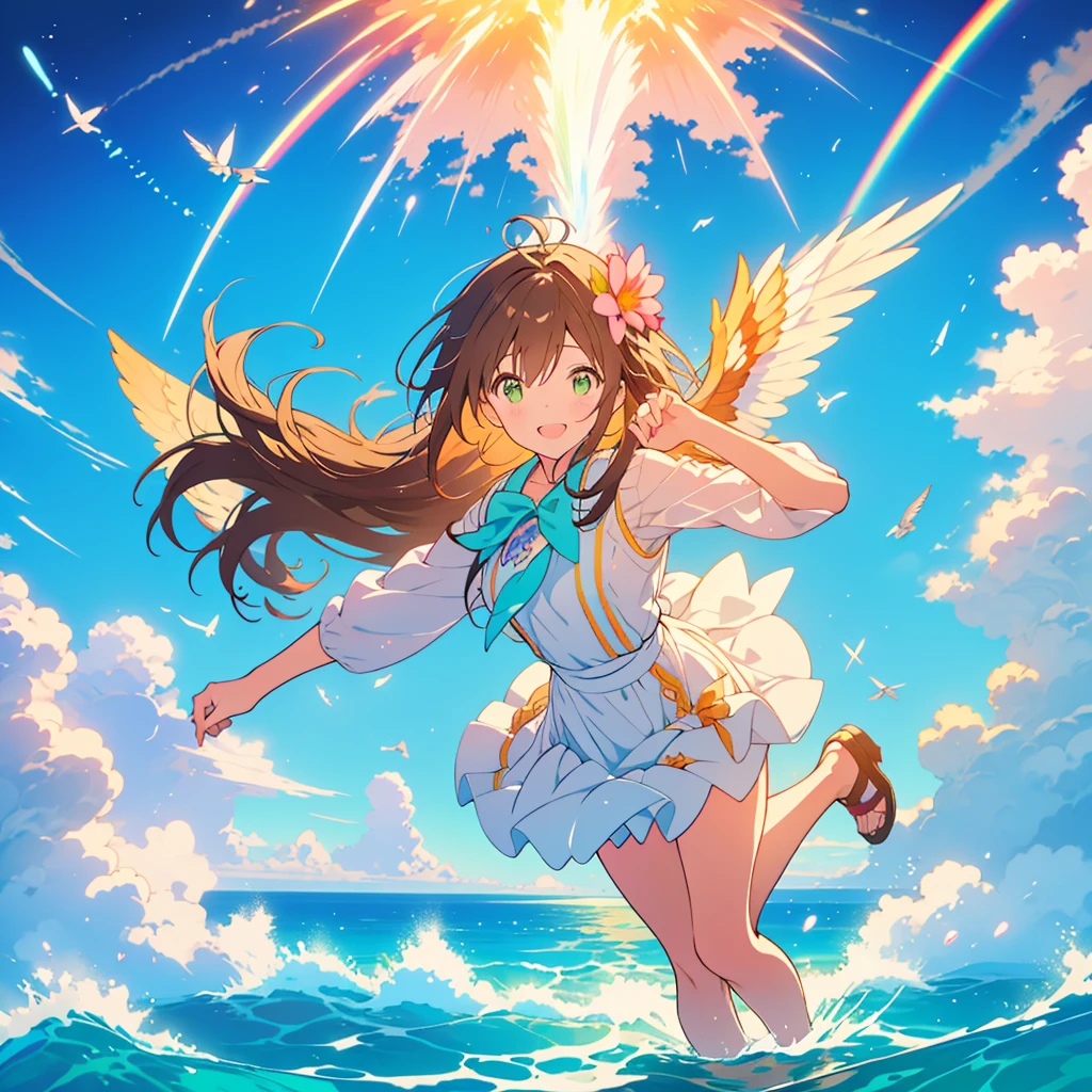 kawaii, anime, Cute, hyper quality, highly detailed, 8k, Front facing, Clarity, brown long hair, green eyes, smile, heaven, Rainbow colored wings on the back, particles of light, sky background, flapping its wings, Pose with movement, Fantastic, heaven, fantasy, water, water flows, Clearly depict facial expressions, fly into the sky, Richly colored, above the sky, Heaven, above the clouds, Composition overlooking the ground, look up at the sky, island country, sparkling sea, sparkling light, dancing in the air, fly off the ground, far away from the ground,
