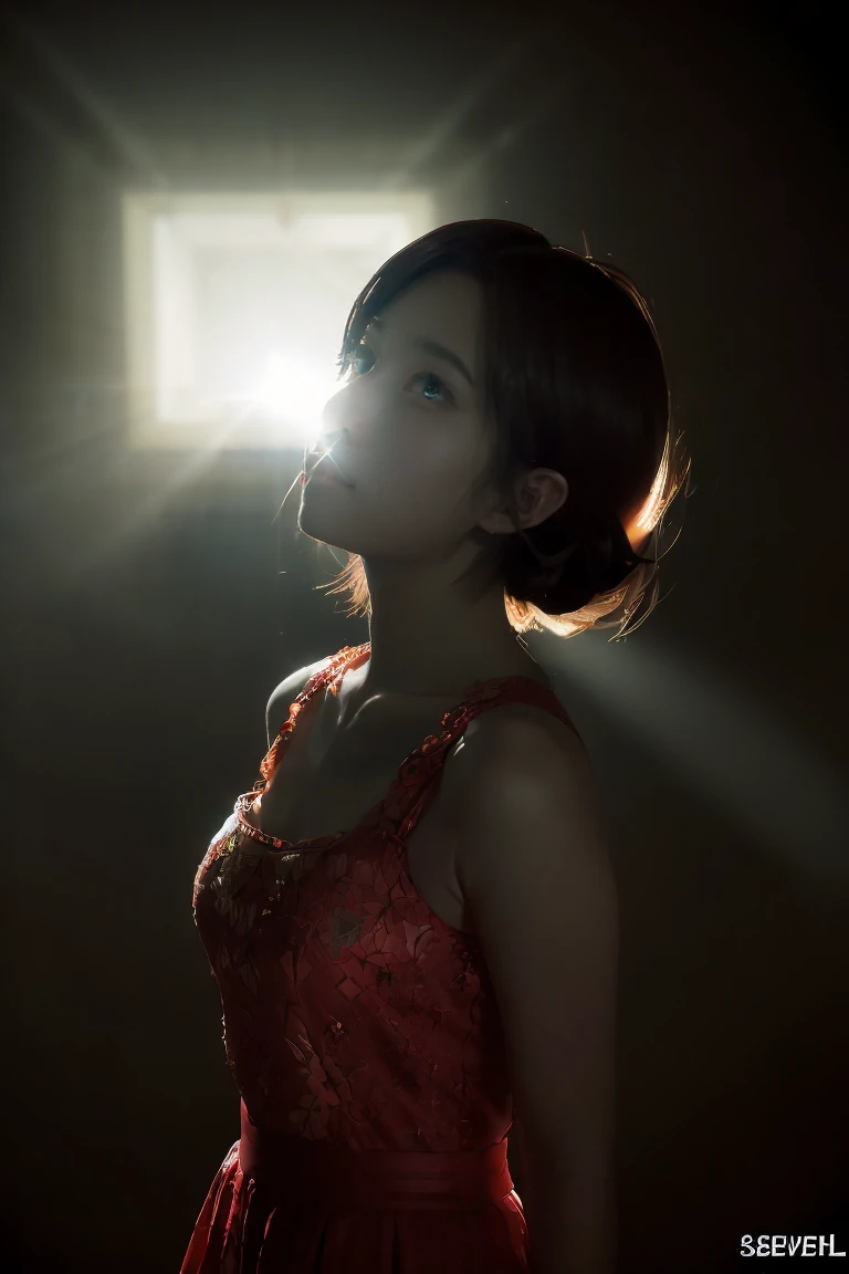 (SeventhHell:1.8) (ecovault:1), ((RAW, analog style)), cinematic lighting, atmospheric lights, god rays, ultra detailed, bloom, dramatic atmosphere, centered, rule of thirds, f/1.4, 6mm, High Angle Shot,1girl