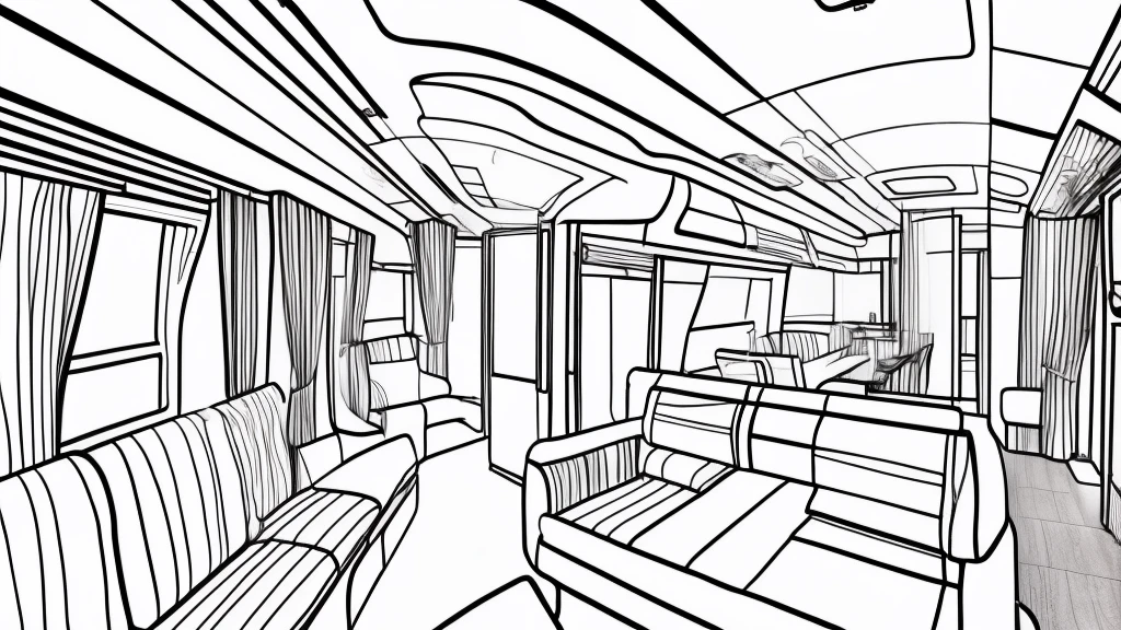 Draft line drawing, thin lines, punchy touch, white train interior