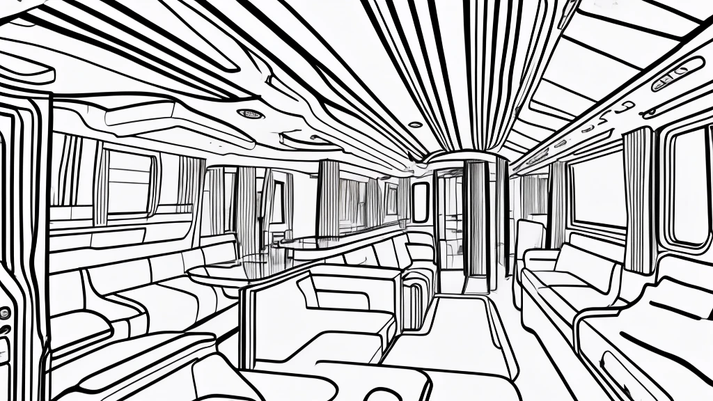 Draft line drawing, thin lines, punchy touch, white train interior
