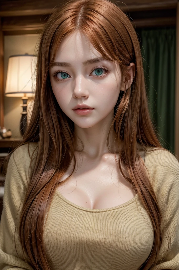 Masterpiece artwork、maximum quality、high resolution、high-quality images、8K、1woman、detaileds、Detailed representation of green eyes、Clear skin glow、Bright copper intense red hair、Burnt light brown tones、hair with side bangs at eyebrow length、big bambi eyes、rosy cheeks and lips