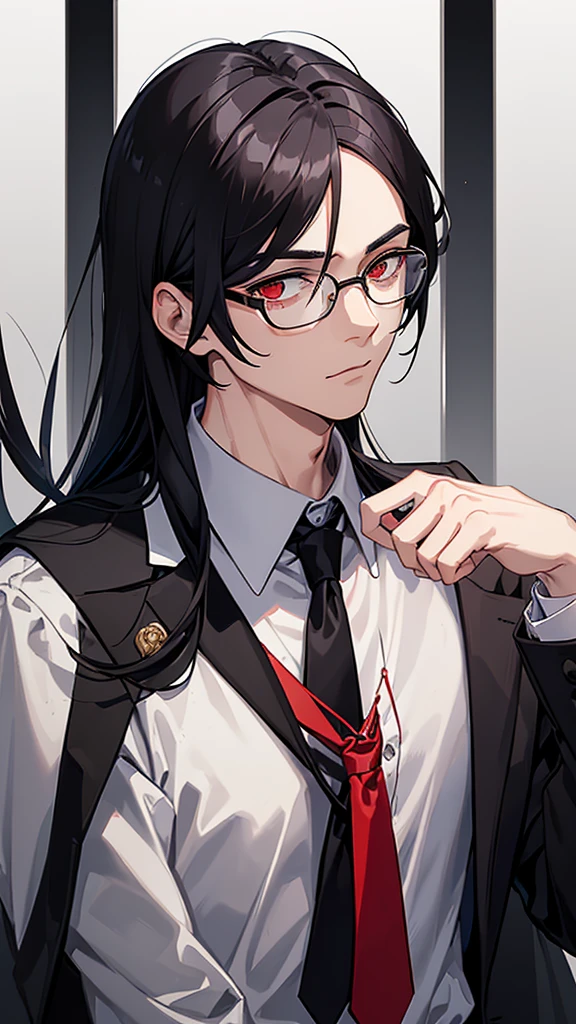 A man with Black hair with a short middle part and the ends of his hair is red, has red eyes and plus-shaped pupils, wears rectangular glasses With the frame below empty, he has a handsome, soft and kind face, he wears a white shirt and a gray vest, his appearance looks like a college student,,He looked at the camera with his gentle face