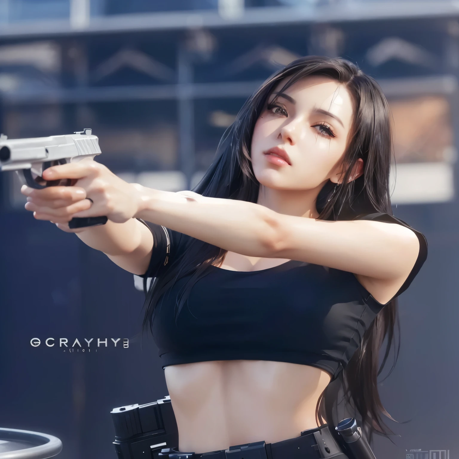 a closeup of a woman holding a gun in a black top, realistic art style, photorealistic!!!!!!! Art Style, [ 4 k digital art ]!!, shooting pose, 3d realistic anime style, deviantart art station cgscosiety, realistic anime art style, realistic Art Style, digital art #one shot game, ig model | germ of art, with gun