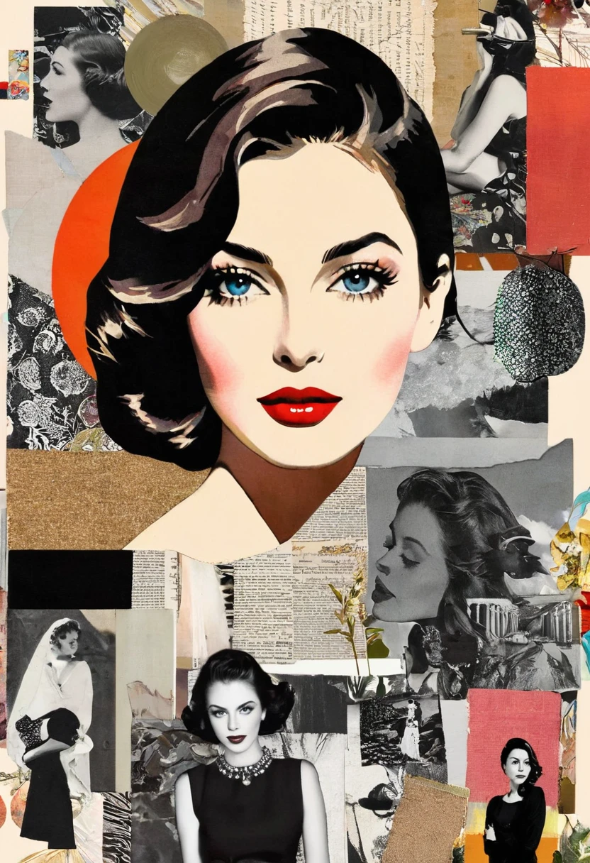 Collage with a woman&#39;s face，There are a lot of different things on it