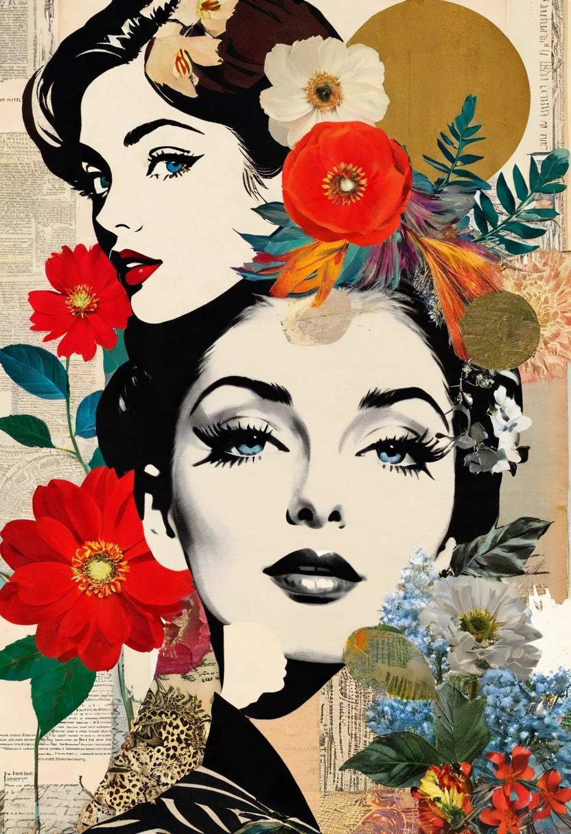 Collage with a woman's face,There are a lot of different things on it
