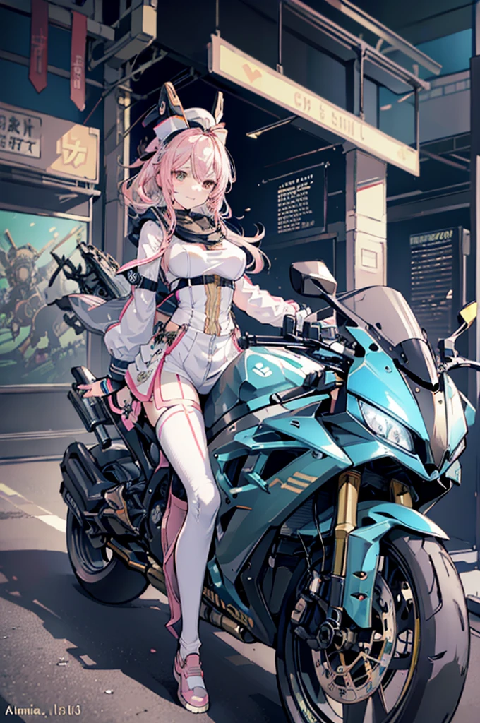 (Line art_anime,pastel colour),(Highest quality, ),8K,Dynamic Angle,1. Female,Medium Hair,smile、(Steampunk Bike Ride 1.5)、An elaborately decorated bike、(Highly decorative and intricate mechanical rider fashion, Lace flare dolphin hat、Goggles 1.5、machinery background、Gear background、An elaborately mechanized steampunk cityscape of the future 1.5),Anatomically correct,Beautiful composition