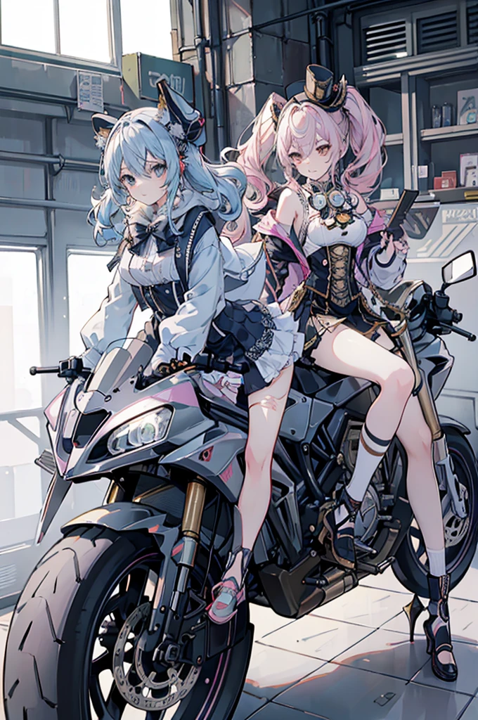 (Line art_anime,pastel colour),(Highest quality, ),8K,Dynamic Angle,1. Female,Medium Hair,smile、(Steampunk Bike Ride 1.5)、An elaborately decorated bike、(Highly decorative and intricate mechanical rider fashion, Lace flare dolphin hat、Goggles 1.5、machinery background、Gear background、An elaborately mechanized steampunk cityscape of the future 1.5),Anatomically correct,Beautiful composition