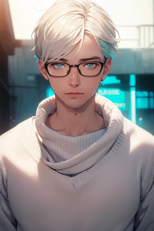 ((Masterpiece, Highest Quality)), Detailed Face, male, white sweater, turquoise eyes, (((Top Quality))), Short hair, Shaved whiskey,Spits, white colored hair, Stylish glasses