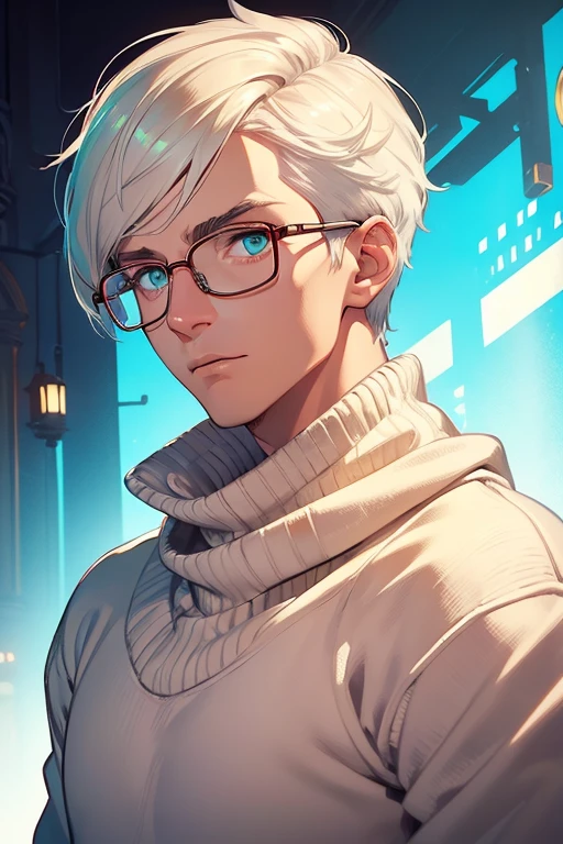((Masterpiece, Highest Quality)), Detailed Face, male, white sweater, turquoise eyes, (((Top Quality))), Short hair, Shaved whiskey,Spits, white colored hair, Stylish glasses