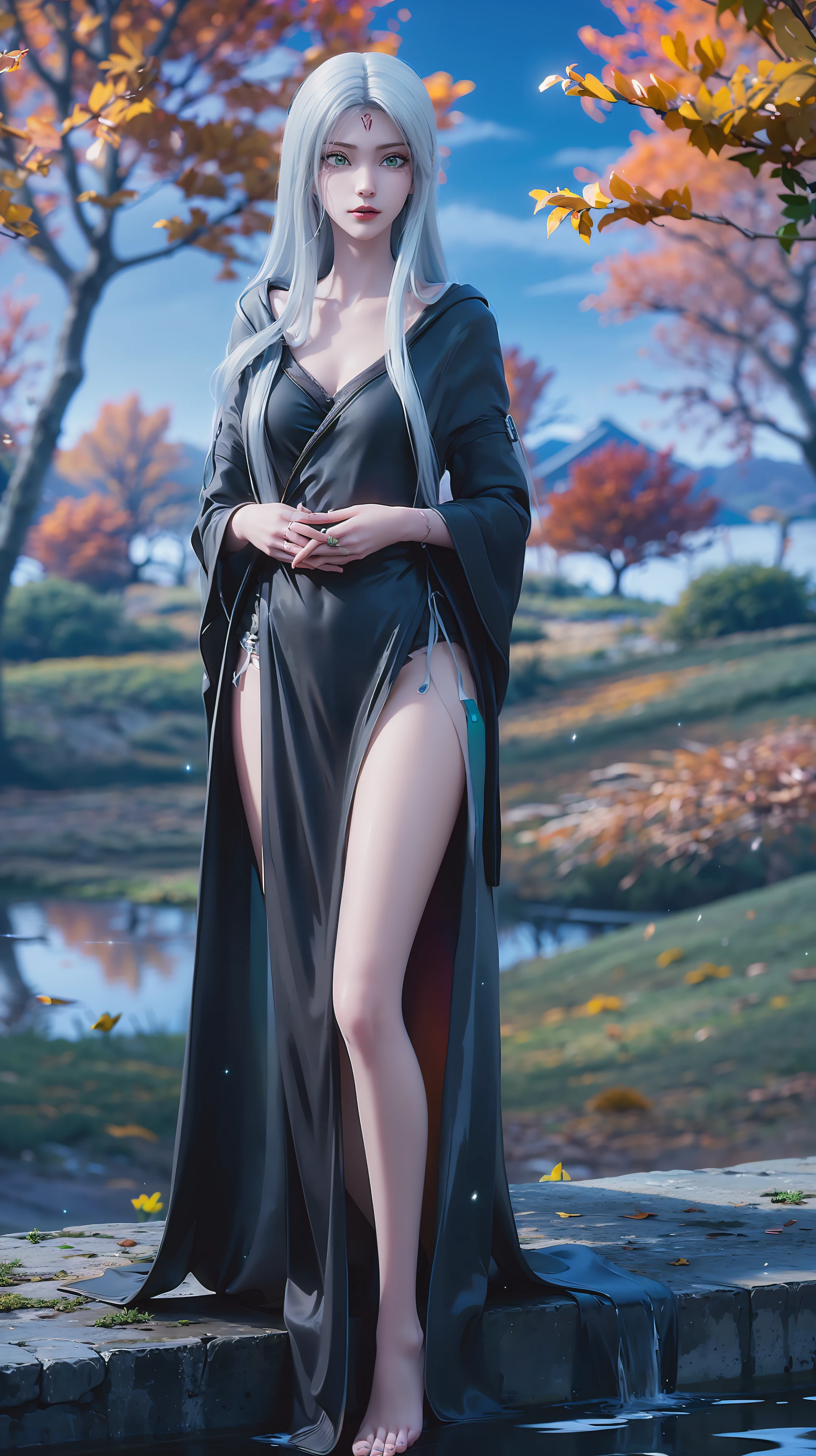 Araffe lady in black dress sitting on ledge over pond, seductive tifa lockhart portrait, Tifa, Beautiful and charming anime woman, Popular on cgstation, tifa lockhart, Beautiful goddess, glamorous Tifa lockheart, Japanese Goddess, Realistic anime girl rendering, Anime Goddess, Beautiful fantasy queen, Attractive anime girl, Popular on cgstation content,(((White long hair))),(((Green eyes)),((Black robe)),((Place one hand on your chest))