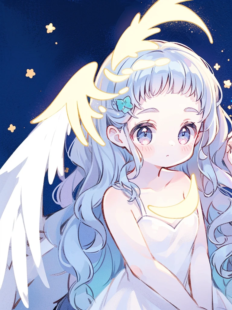 nude angel girl wearing an ethereal translucent dress, pale skin, ((blue mint wavy hair)), white feathers, angel wings, sparkling detailed eyes, golden ratio face, perfect composition, highly detailed, ethereal, (starry night sky background), midjourney style