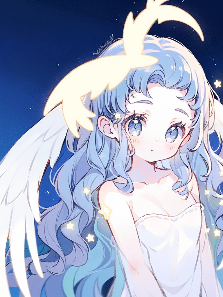 nude angel girl wearing an ethereal translucent dress, pale skin, ((blue mint wavy hair)), white feathers, angel wings, sparkling detailed eyes, golden ratio face, perfect composition, highly detailed, ethereal, (starry night sky background), midjourney style