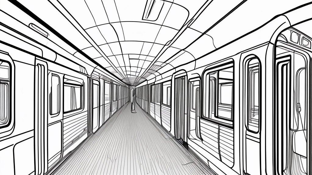 Draft line drawing, thin lines by Sobe, a punch-like touch, the interior of a white train