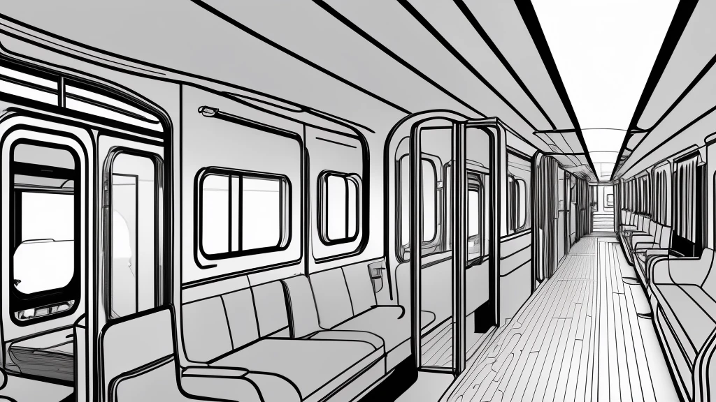 Draft line drawing, thin lines by Sobe, a punch-like touch, the interior of a white train