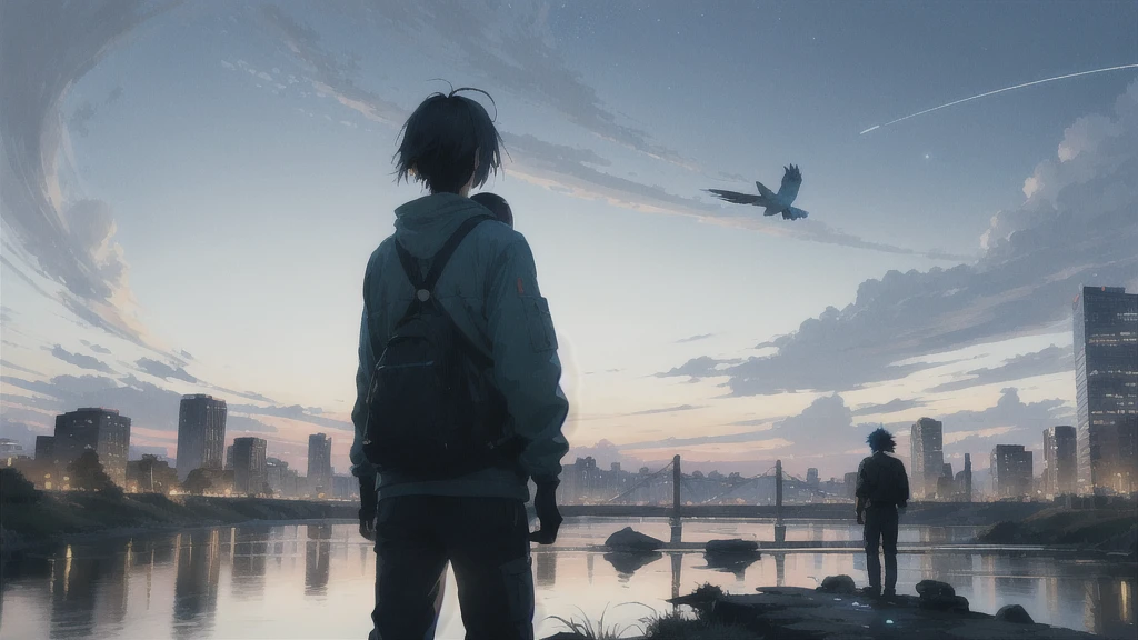 真っ暗なnight空,Octane, star (null), scenery, Blue parakeet,The acoustic guitar is in front of the body.,star, night, A girl and a boy standing back to back, Back view, alone, Outdoor, city,river,Blue parakeet,building, cloud, 天のriver,silhouette
