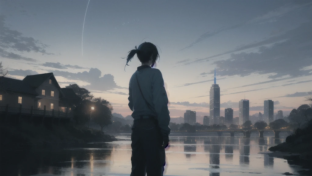 真っ暗なnight空,Octane, star (null), scenery, Blue parakeet,The acoustic guitar is in front of the body.,star, night, A girl and a boy standing back to back, Back view, alone, Outdoor, city,river,Blue parakeet,building, cloud, 天のriver,silhouette
