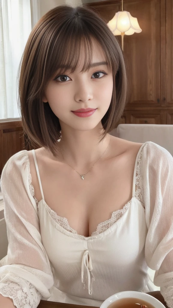 ung ultra Cute japanese girl,short silver hair,porcelain white skin,slender figure,lacy shirt,sitting in Italian cafe,drinking black tea,beautiful detailed eyes,long eyelashes,charming dropped eyes,lovely smiling lips,extremely detailed face without makeup,(best quality,4k,8k,highres,masterpiece:1.2),ultra-detailed,(realistic,photorealistic,photo-realistic:1.37),HDR,UHD,studio lighting,ultra-fine painting,sharp focus,physically-based rendering,extreme detail description,professional,vivid colors,bokeh,portraits,soft pastel colors,natural lighting,cinematic composition