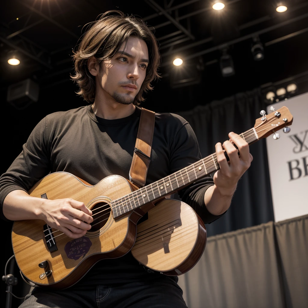 adult man , around 35 years of age,blacksad, imposing posture, the way you want, curry hair, big, light brown eyes, playing the ukulele wearing casual clothes, performing on a stage , with a band