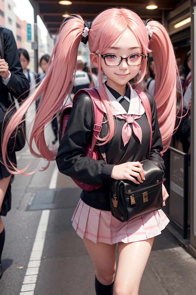1girl, beautiful girl, cute girl and idol face, young face, smile, Beautiful long pink hair, twintails, Beautiful shining red eyes, white skin, slender, Short body, black-rimmed glasses, Japanese High School Girls' Uniforms, Schools, schoolyards, and commuting, school bag 