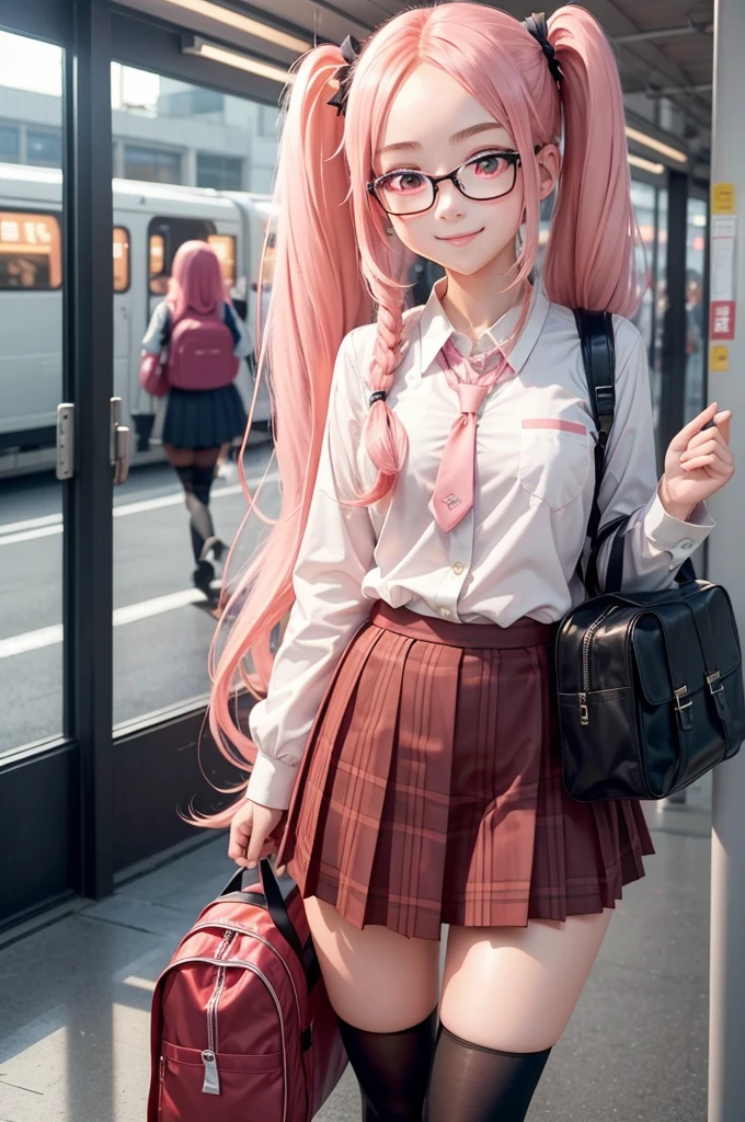 1girl, beautiful girl, cute girl and idol face, young face, smile, Beautiful long pink hair, twintails, Beautiful shining red eyes, white skin, slender, Short body, black-rimmed glasses, Japanese High School Girls' Uniforms, Schools, schoolyards, and commuting, school bag
