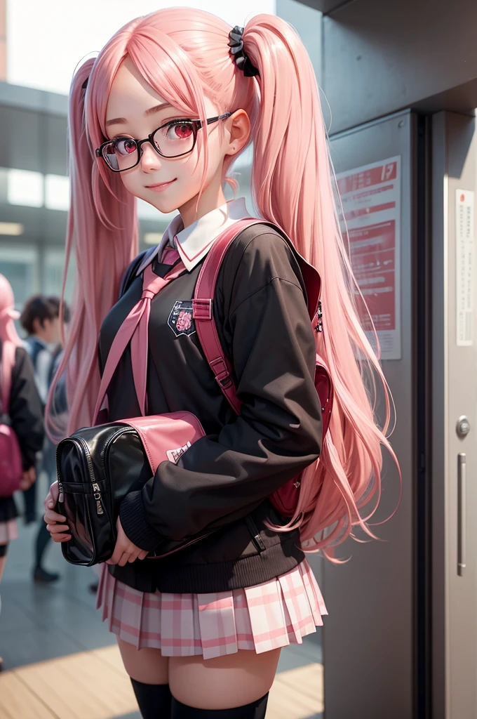 1girl, beautiful girl, cute girl and idol face, young face, smile, Beautiful long pink hair, twintails, Beautiful shining red eyes, white skin, slender, Short body, black-rimmed glasses, Japanese High School Girls' Uniforms, Schools, schoolyards, and commuting, school bag 