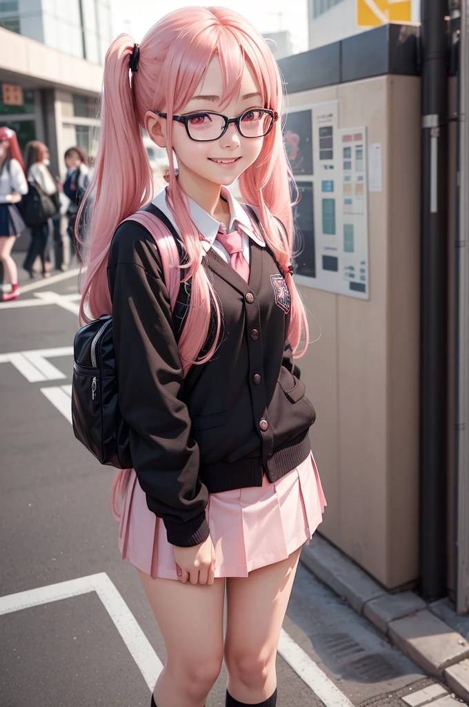 1girl, beautiful girl, cute girl and idol face, young face, smile, Beautiful long pink hair, twintails, Beautiful shining red eyes, white skin, slender, Short body, black-rimmed glasses, Japanese High School Girls' Uniforms, Schools, schoolyards, and commuting, school bag