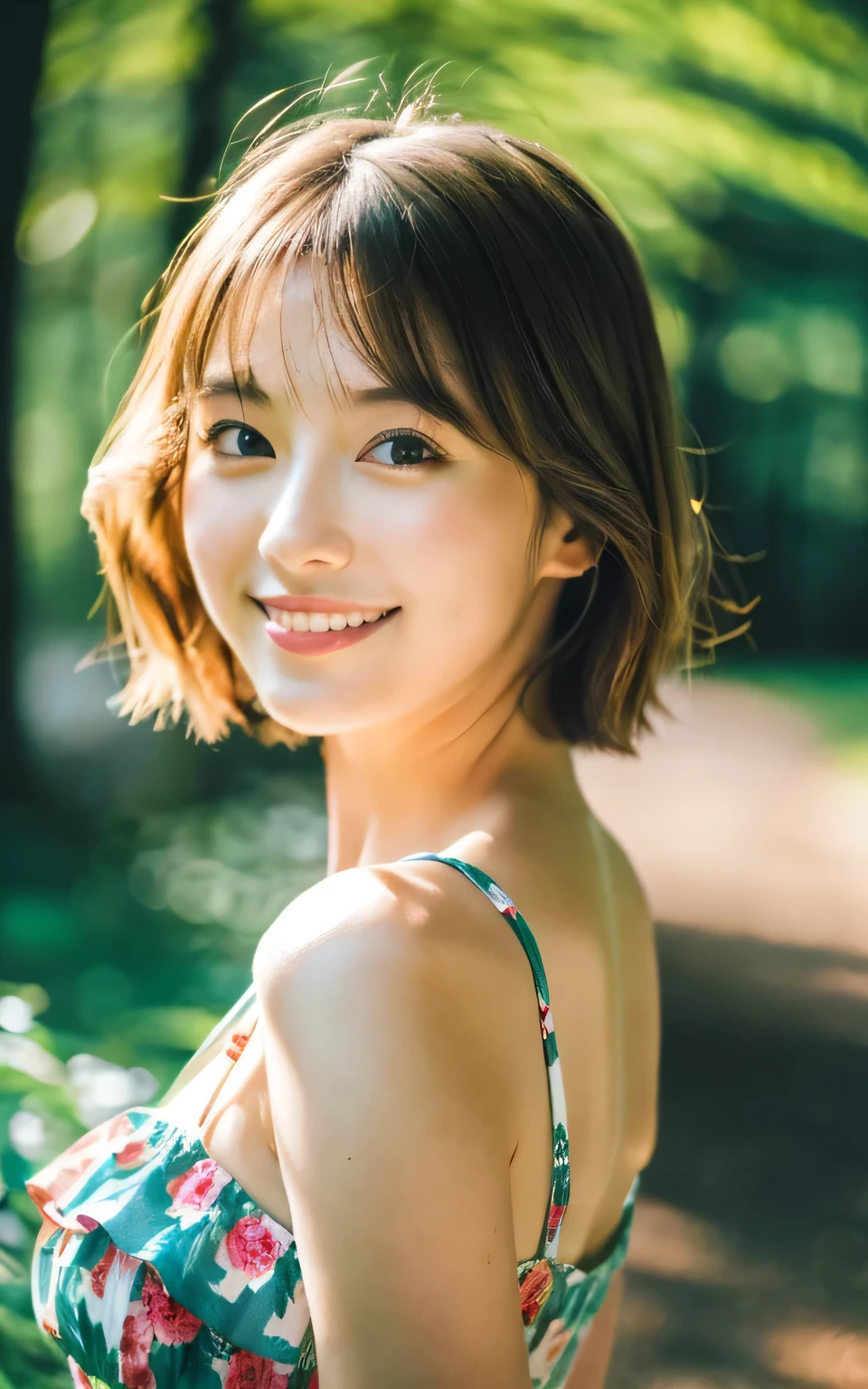 (8k, RAW photos, top quality, high resolution: 1.1), (ultra-realistic: 1.4), (realistic, photorealistic: 1.3), soft light, big, girls, realistic faces, realistic bodies, realistic skin, absurdity, masterpiece, (cute: 1.8), cuties, solo, (big: 1.2), detailed black eyes, innocent eyes, cheeks, hugging cats, cinema lights, Film Grain, Jewelry, (((Short Hair: 1.1)), (Floating Hair Novafrog Style)), Cherry Colored Lips, Close Up, Look Viewer, Upper Body, Open Lips, Upper Teeth, (Smiling Eyes: 0.6), ((grinning: 1.2)), Depth of Field, Blurred Background, Eye Focus, Sunset, Drinking Water, Bokeh, Young, 85mm Lens, f/1.4, Professional Lighting, Young, Portrait, Photon Mapping, Radiosity, Physically Based Rendering