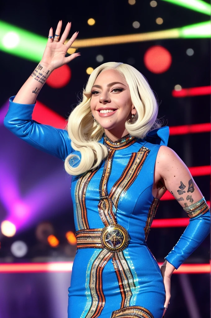 lady gaga smiling, wearing CadetBlue patterned dress, stage, smiling, lights