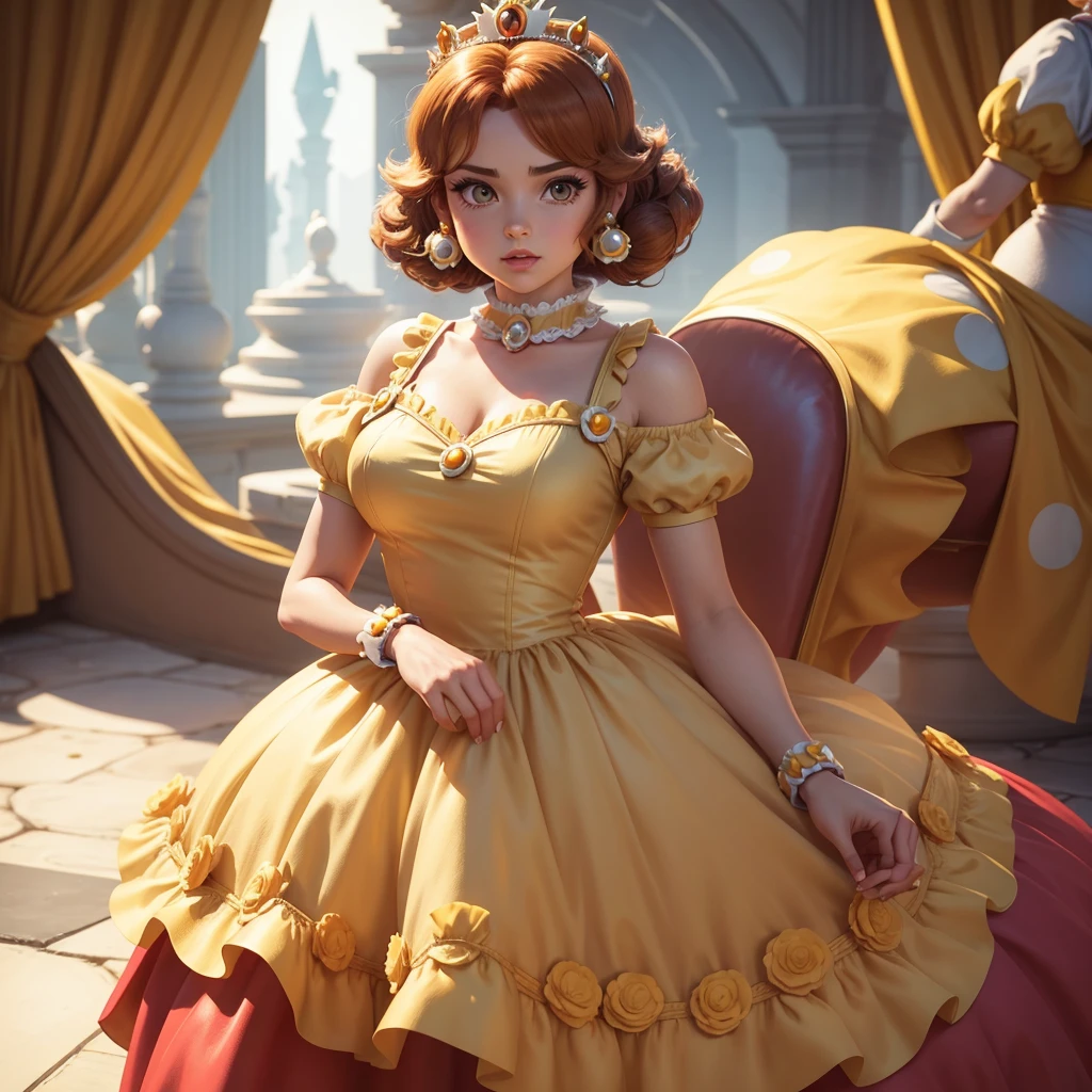 Princess Daisy from the game Mario, wearing a dress with daisy details. The dress has to be a princess, royal and glamorous.