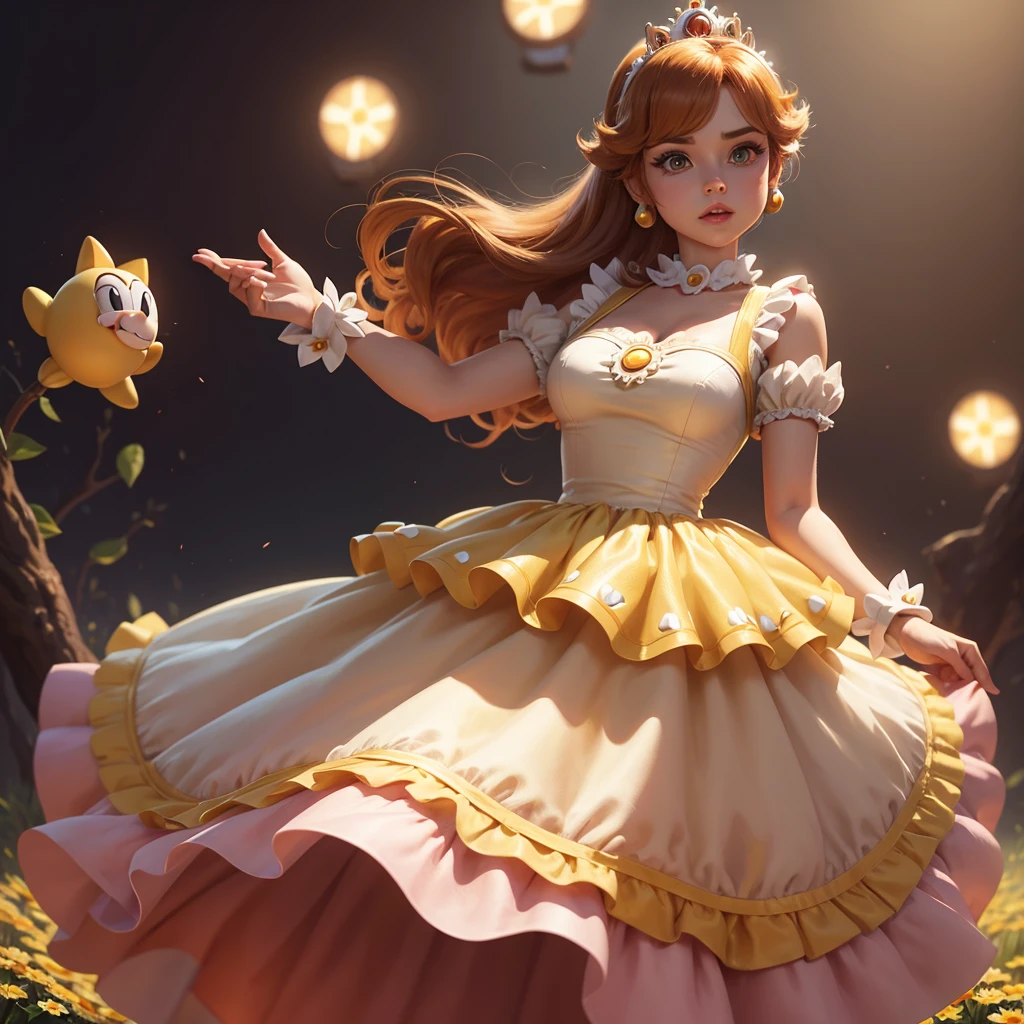 Princess Daisy from the game Mario, wearing a dress with daisy details. The dress has to be a princess, royal and glamorous.