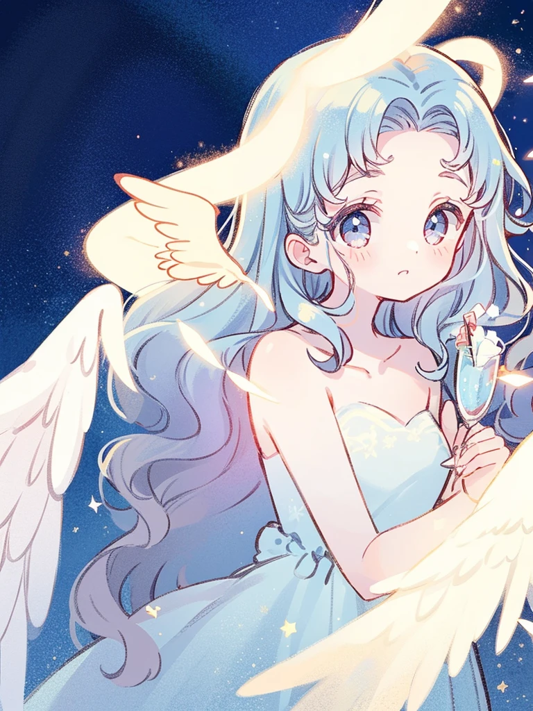 nude angel girl wearing an ethereal translucent dress, pale skin, ((blue mint wavy hair)), white feathers, angel wings, sparkling detailed eyes, golden ratio face, perfect composition, highly detailed, ethereal, (starry night sky background), midjourney style