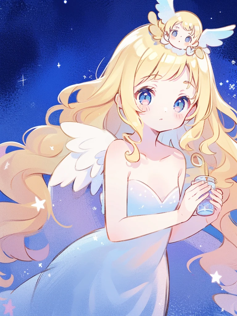 nude angel girl wearing an ethereal translucent dress, pale skin, ((blue mint wavy hair)), white feathers, angel wings, sparkling detailed eyes, golden ratio face, perfect composition, highly detailed, ethereal, (starry night sky background), midjourney style