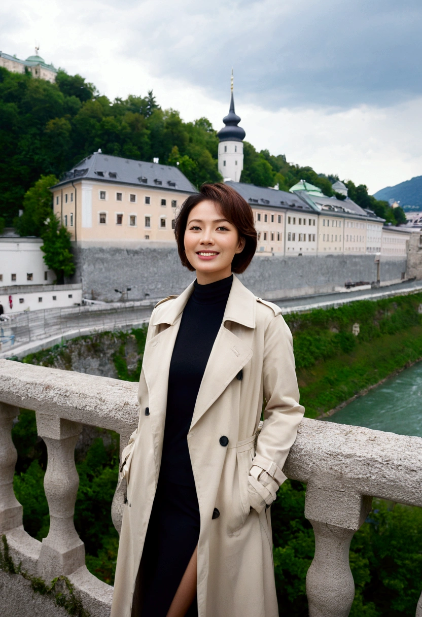 high quality, 1 woman, ((36-year-old healthy Korean woman)), ((36 years old)), 1 woman, eyes are big and beautiful. ((slim)), ((short medium hair)), Smile. pose: standing, light trench coat, background:Your residence is a baroque townhouse with a plaster façade and wrought iron railings.., Overlooking the Salzach River and Hohensalzburg Fortress, looking slightly up, 1 woman, Full body shot with Canon 16-34 wide angle lens, river view