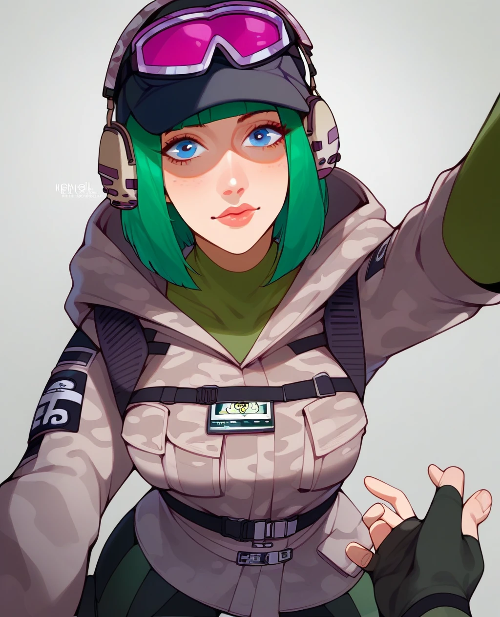 Ela, ela elite \(Rainbow Six Siege\),ela, ela \(Rainbow Six Siege\  score_9, score_8_up, score_7_up, Expressiveh, ultra detailed, 1girl, solo, cute, delicated and beautiful face, medium breasts, thin waist, ela, jacket, leggings, latex legwear, fingerless gloves, military uniform, camouflage, baseball cap, goggles on headwear, (pov:0.9), selfie pov, holding with one hand