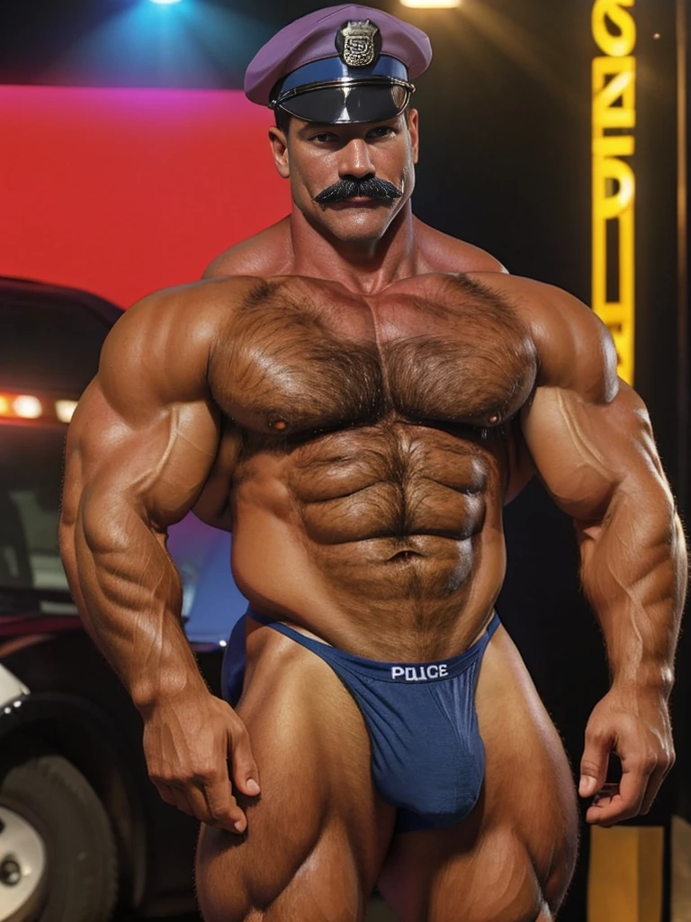 60 years old, white police detective with mature and friendly demeanor, tall, strong and muscular build, mustache, police officer posing shirtless, flexing his muscles, police beret, hairy chest, giving off a touch of slutty but disgusting aura, underwear showing (thong), nice bulge, (Professional 3D Rendering: 1.3) of (Realistic: 1.3) detailed face, (vibrant and realistic photo grid, realistic, dramatic, sharp focus, hd, 8k)