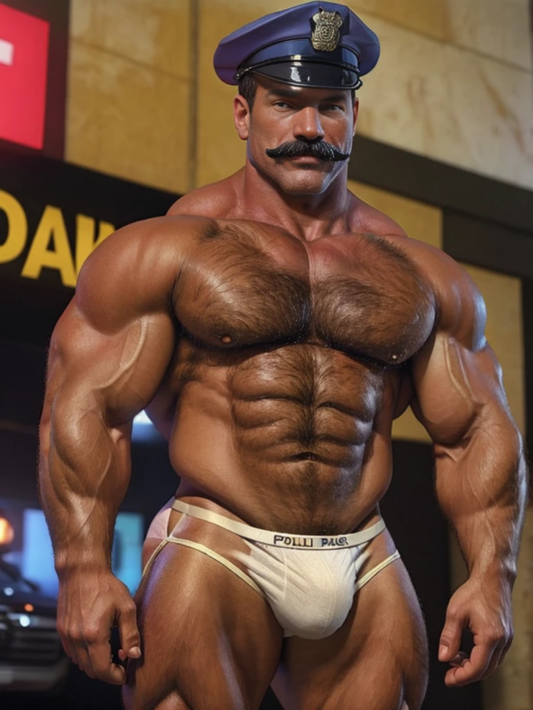 60 years old, white police detective with mature and friendly demeanor, tall, strong and muscular build, mustache, police officer posing shirtless, flexing his muscles, police beret, hairy chest, giving off a touch of slutty but disgusting aura, underwear showing (thong), nice bulge, (Professional 3D Rendering: 1.3) of (Realistic: 1.3) detailed face, (vibrant and realistic photo grid, realistic, dramatic, sharp focus, hd, 8k)