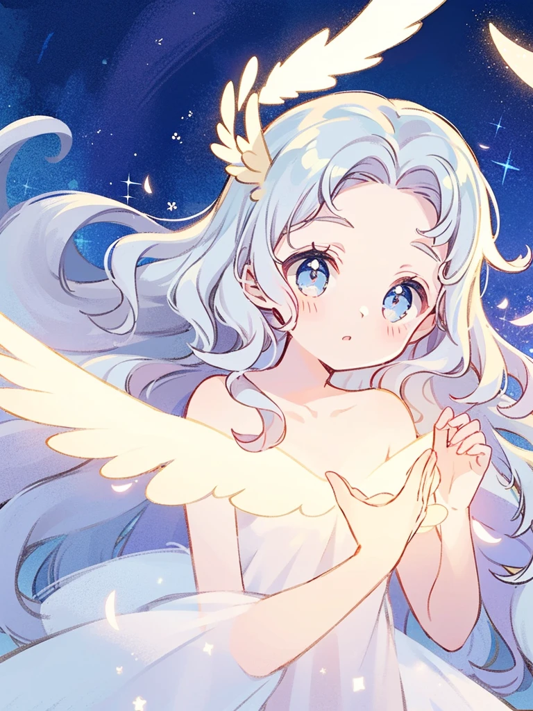 nude angel girl wearing an ethereal translucent dress, pale skin, ((blue mint wavy hair)), white feathers, angel wings, sparkling detailed eyes, golden ratio face, perfect composition, highly detailed, ethereal, (starry night sky background), midjourney style