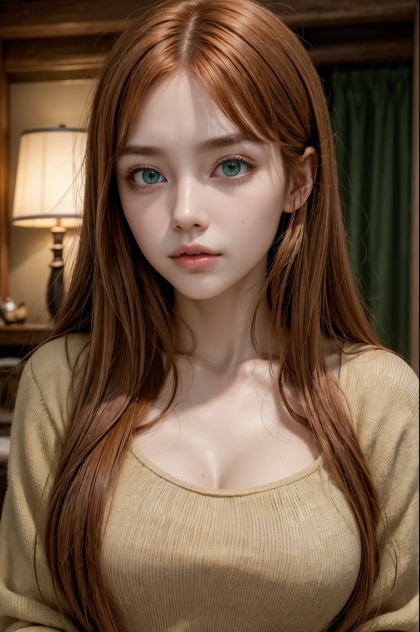 Masterpiece artwork、maximum quality、high resolution、high-quality images、8K、1woman、detaileds、Detailed representation of green eyes、Clear skin glow、Bright copper intense red hair、Burnt light brown tones、hair with side bangs at eyebrow length、big bambi eyes、rosy cheeks and lips