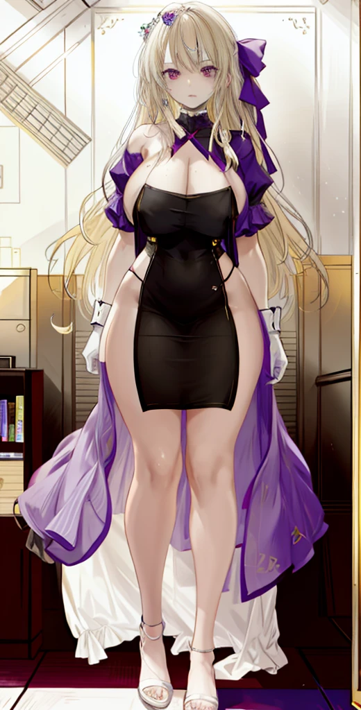 girl,Large Breasts,long hair,Topless,Bow,Blonde hair, Purple Eyes, Cleavage,Large Breasts