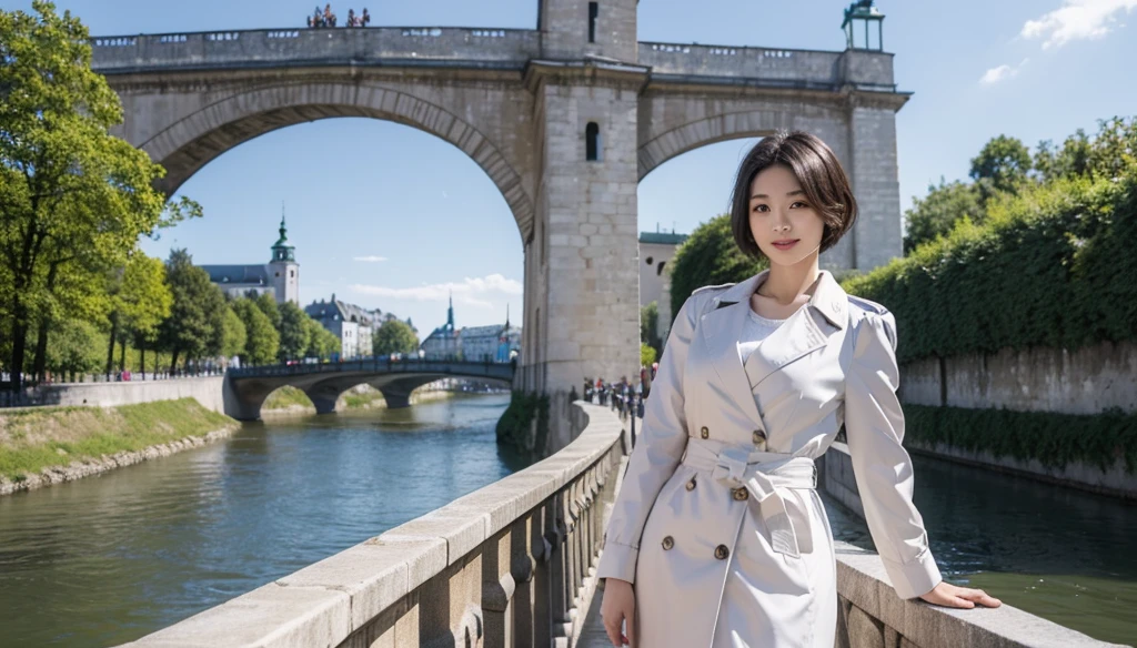 high quality, 1 woman, ((36-year-old healthy Korean woman)), ((36 years old)), 1 woman, eyes are big and beautiful. ((slim)), ((short medium hair)), Smile. pose: standing, Myungpum brand light trench coat, background:Your residence is a baroque townhouse with a plaster façade and wrought iron railings.., Overlooking the Salzach River and Hohensalzburg Fortress, looking slightly up, 1 woman, Full body shot with Canon 16-34 wide angle lens, river view