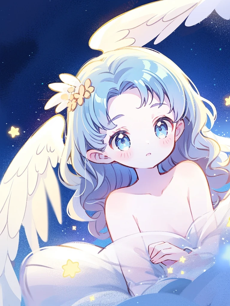 nude angel girl wearing an ethereal translucent dress, pale skin, ((blue mint wavy hair)), white feathers, angel wings, sparkling detailed eyes, golden ratio face, perfect composition, highly detailed, ethereal, (starry night sky background), midjourney style