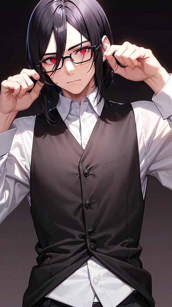 A man with Black hair with a short middle part and the ends of his hair is red, has red eyes and plus-shaped pupils, wears rectangular glasses With the frame below empty, he has a handsome, soft and kind face, he wears a white shirt and a gray vest, his appearance looks like a college student,,He looked at the camera with his gentle face