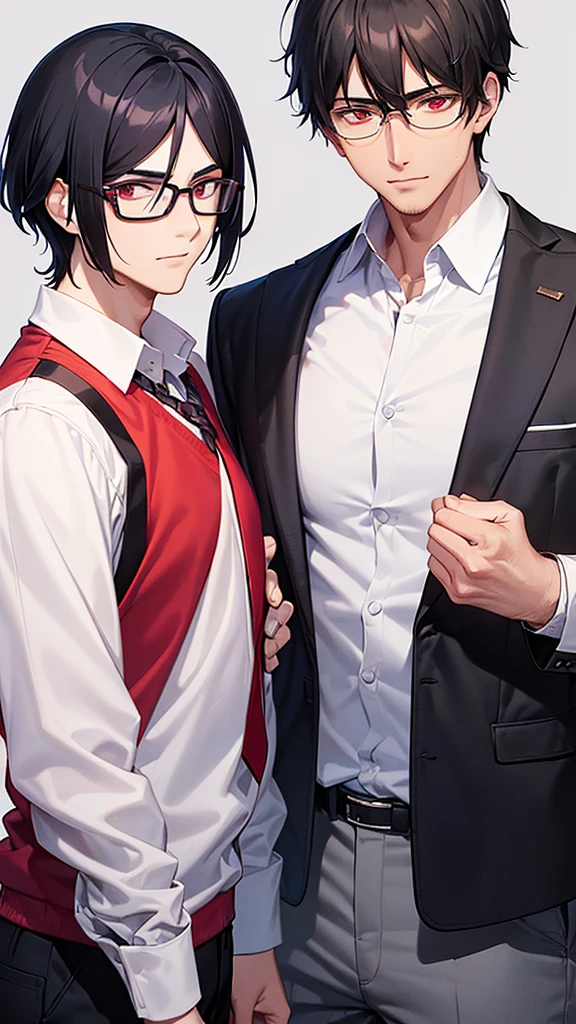 A man with Black hair with a short middle part and the ends of his hair is red, has red eyes and plus-shaped pupils, wears rectangular glasses With the frame below empty, he has a handsome, soft and kind face, he wears a white shirt and a gray vest, his appearance looks like a college student,,He looked at the camera with his gentle face