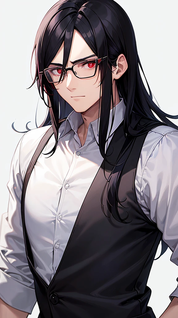 A man with Black hair with a short middle part and the ends of his hair is red, has red eyes and plus-shaped pupils, wears rectangular glasses With the frame below empty, he has a handsome, soft and kind face, he wears a white shirt and a gray vest, his appearance looks like a college student,,He looked at the camera with his gentle face