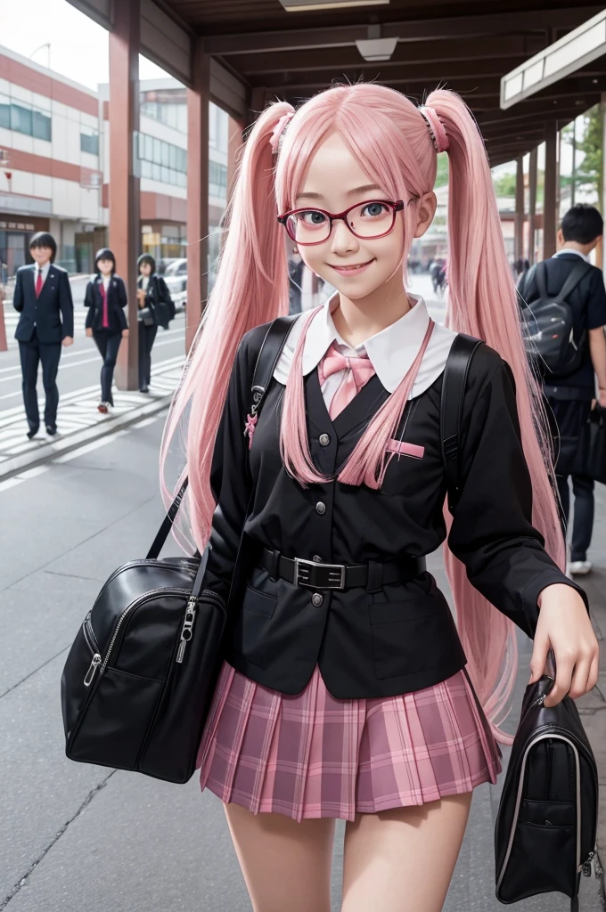 1girl, beautiful girl, cute girl and idol face, young face, smile, Beautiful long pink hair, twintails, Beautiful shining red eyes, white skin, slender, Short body, black-rimmed glasses, Japanese High School Girls' Uniforms, Schools, schoolyards, and commuting, school bag