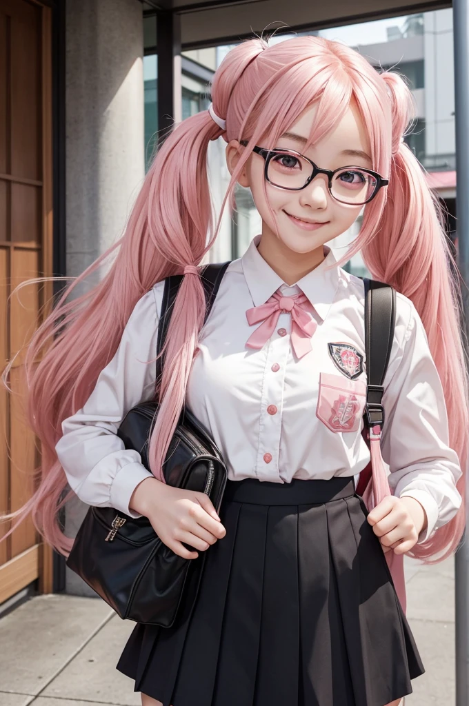 1girl, beautiful girl, cute girl and idol face, young face, smile, Beautiful long pink hair, twintails, Beautiful shining red eyes, white skin, slender, Short body, black-rimmed glasses, Japanese High School Girls' Uniforms, Schools, schoolyards, and commuting, school bag