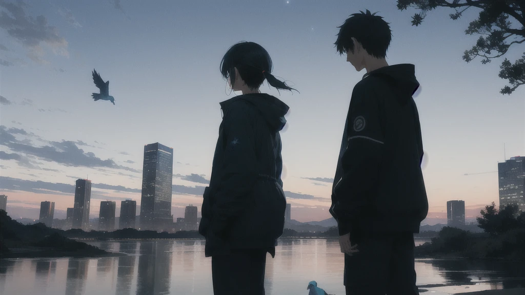 真っ暗なnight空,Octane, star (null), scenery, Blue parakeet,The acoustic guitar is in front of the body.,star, night, A girl and a boy standing back to back, Back view, alone, Outdoor, city,river,Blue parakeet,building, cloud, 天のriver,silhouette