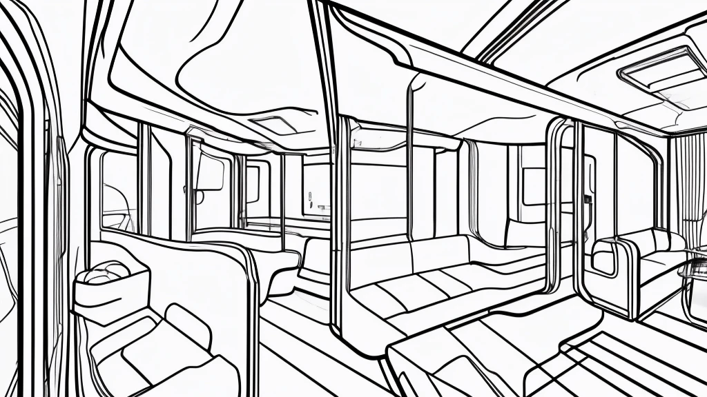 Draft line drawing, thin lines, punchy touch, white train interior
