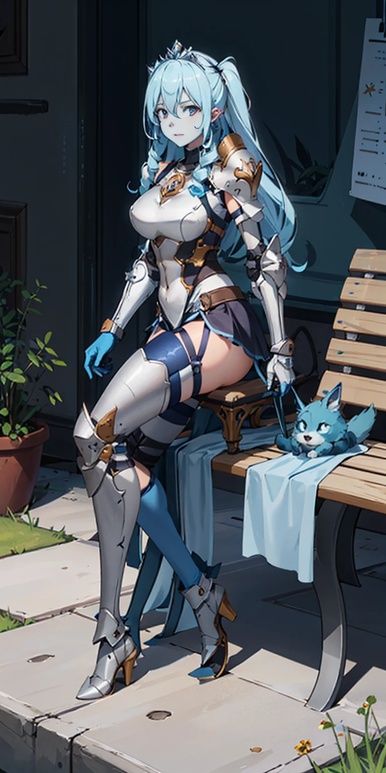 full body sitting on a bench showing ass to me, BLUE breastplate, BLUE skin (1girl)(BLUE skin:1.2) full body armor, thigh highs, high boots, pauldrons shoulder armor, faulds, poleyn, gloves, gauntlets, rerebrace armored boots, yordle pointy ears muscular lean platinum blonde long twin-tails hairstyle, strong abs, female body builder, tiara, twin drills hair
