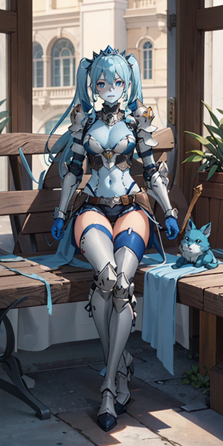 full body sitting on a bench showing ass to me, BLUE breastplate, BLUE skin (1girl)(BLUE skin:1.2) full body armor, thigh highs, high boots, pauldrons shoulder armor, faulds, poleyn, gloves, gauntlets, rerebrace armored boots, yordle pointy ears muscular lean platinum blonde long twin-tails hairstyle, strong abs, female body builder, tiara, twin drills hair